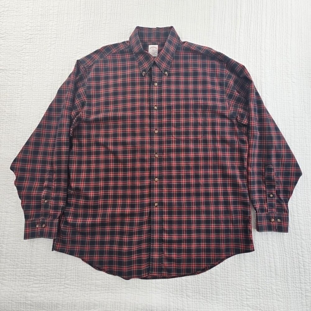 Brooks Brothers 346 Shirt‎ Men's XL Red Black Plaid Old Money Non-Iron EUC LN